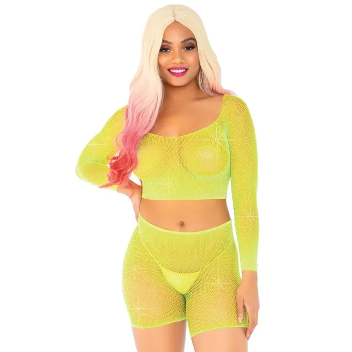 2 Pc Rhinestone Fishnet Crop Top and Biker Shorts One Size Neon Yellow Leg Avenue Teddies And Bodies