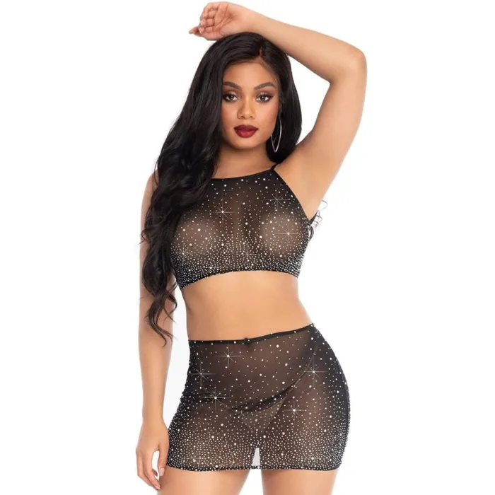 Anal | Leg Avenue 2 Pc Rhinestone Crop Top and Mini Skirt - Black - Medium