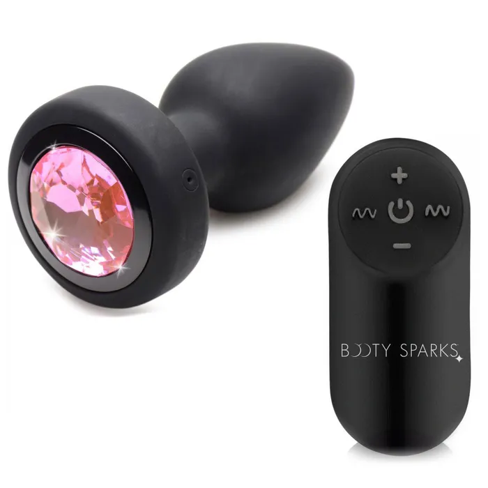 Male Sex Toys XR Brands Booty Sparks 28x Silicone Vibrating Pink Gem Anal Plug With Remote Small