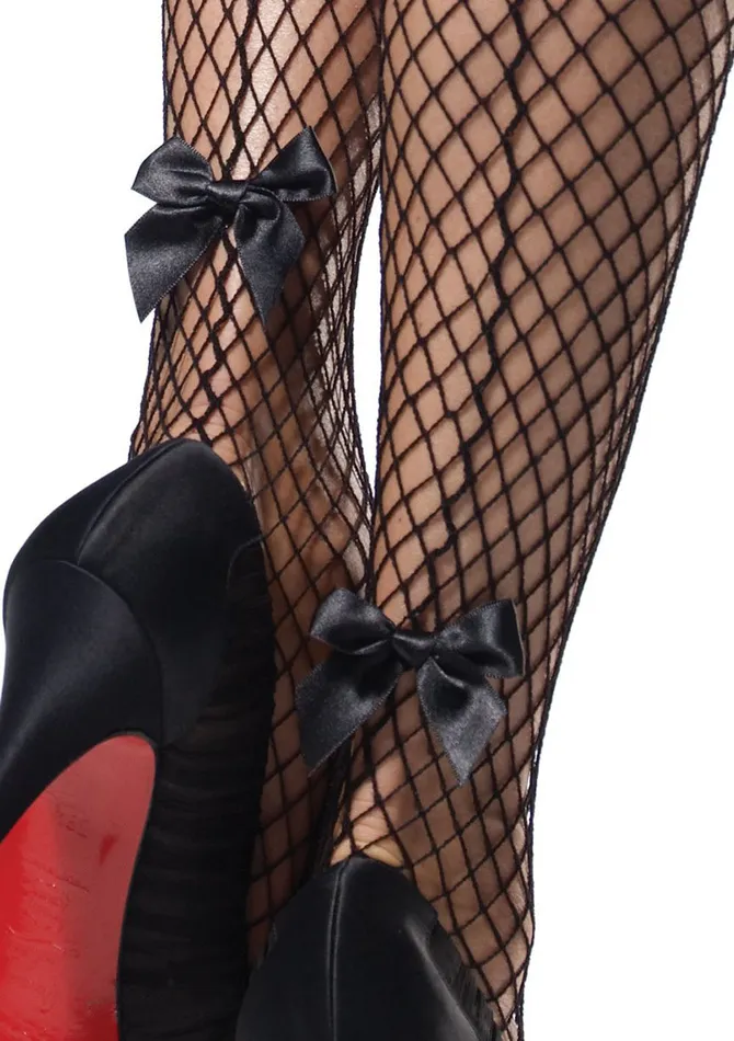 Teddies And Bodies Stay Up Industrial Net Backseam Thigh Highs With Lace Top and Satin Bow Accent One Size Black Leg Avenue