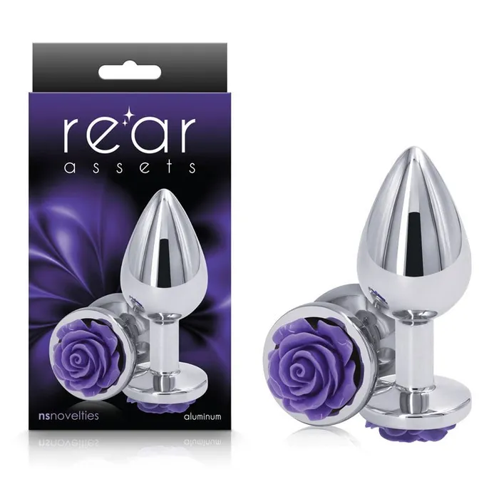 Anal Rear Assets Rose Medium Chrome 89 cm Metal Butt Plug with Purple Rose Base NS Novelties