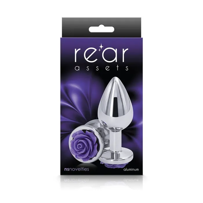 Anal Rear Assets Rose Medium Chrome 89 cm Metal Butt Plug with Purple Rose Base NS Novelties