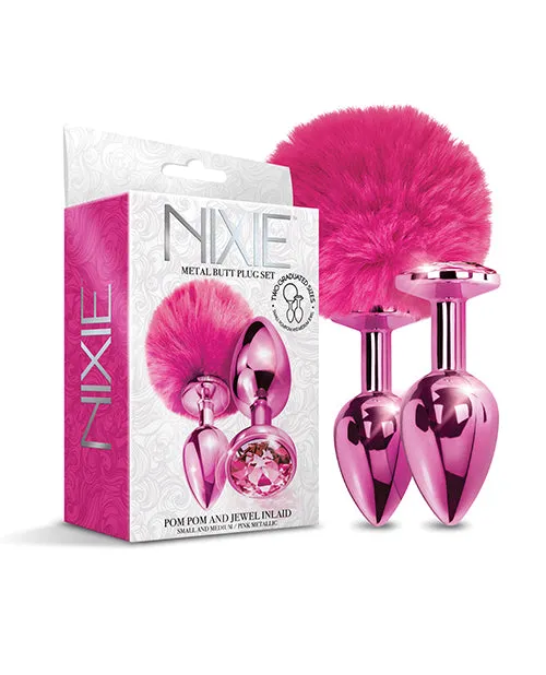 Anal Nixie Metal Butt Plug Set Pom Pom Jewel Pink Metallic Global Novelties