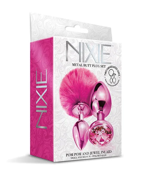 Anal Nixie Metal Butt Plug Set Pom Pom Jewel Pink Metallic Global Novelties