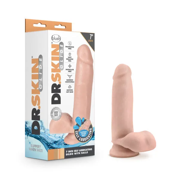 Dr Skin Glide 7in Self Lubricating Dildo W Balls Vanilla Blush Novelties Dildos