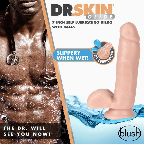 Dr Skin Glide 7in Self Lubricating Dildo W Balls Vanilla Blush Novelties Dildos