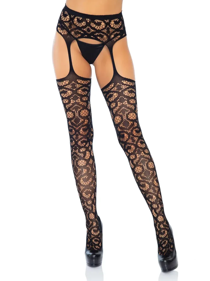 Teddies And Bodies Scroll Lace Stockings With Attached Garter Belt One Size Black Leg Avenue