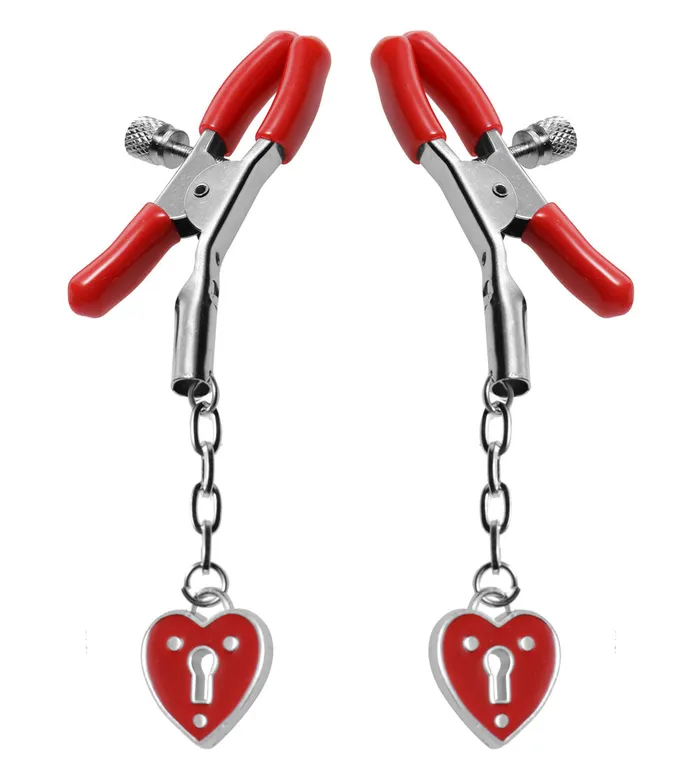 XR Brands Master Series Charmed Heart Padlock Nipple Clamps Female Sex Toys