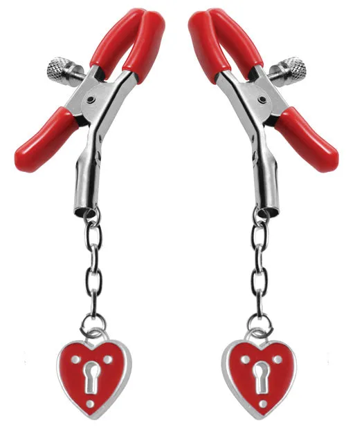 XR Brands Master Series Charmed Heart Padlock Nipple Clamps Female Sex Toys