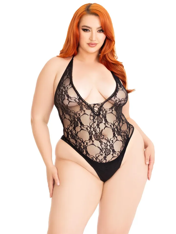 Leg Avenue Anal Floral Lace Deepv Lace Up Teddy 1x2x Black