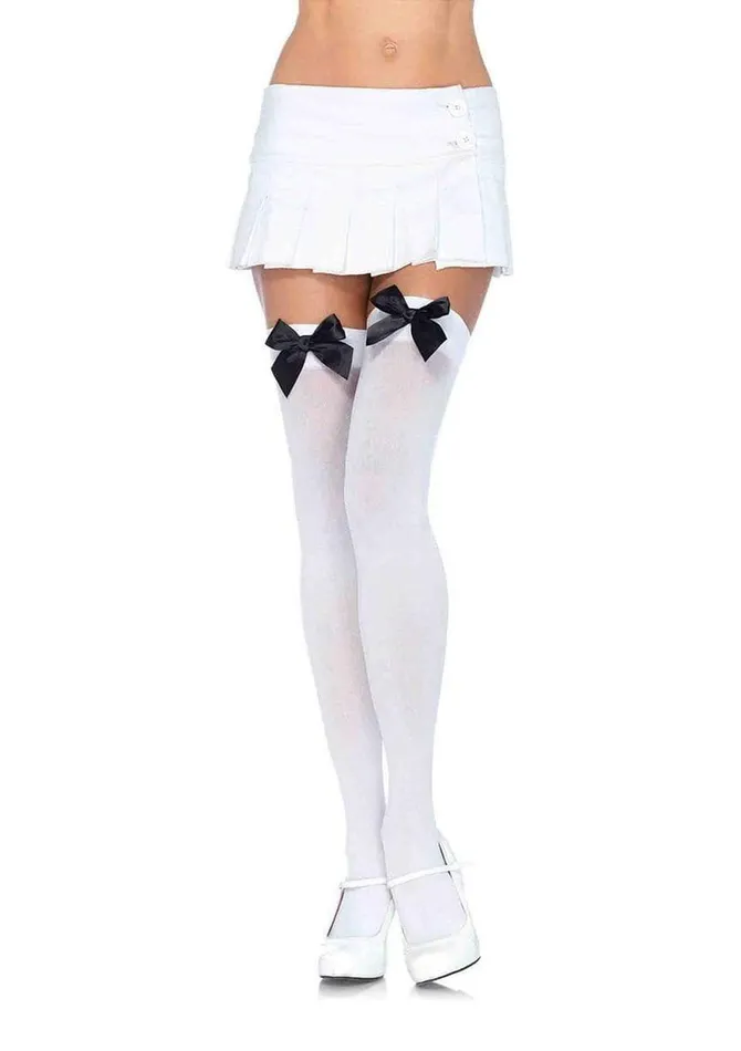 Leg Avenue Bodystockings Playsuits Nylon Thigh Highs With Bow One Size White Black