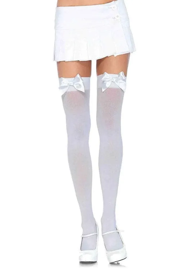 Leg Avenue Male Sex Toys Opaque Thigh Highs With Satin Bow Accent One Size White