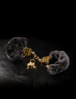 Pipedream Products Anal Deluxe Furry Cuffs Black Gold Handcuffs