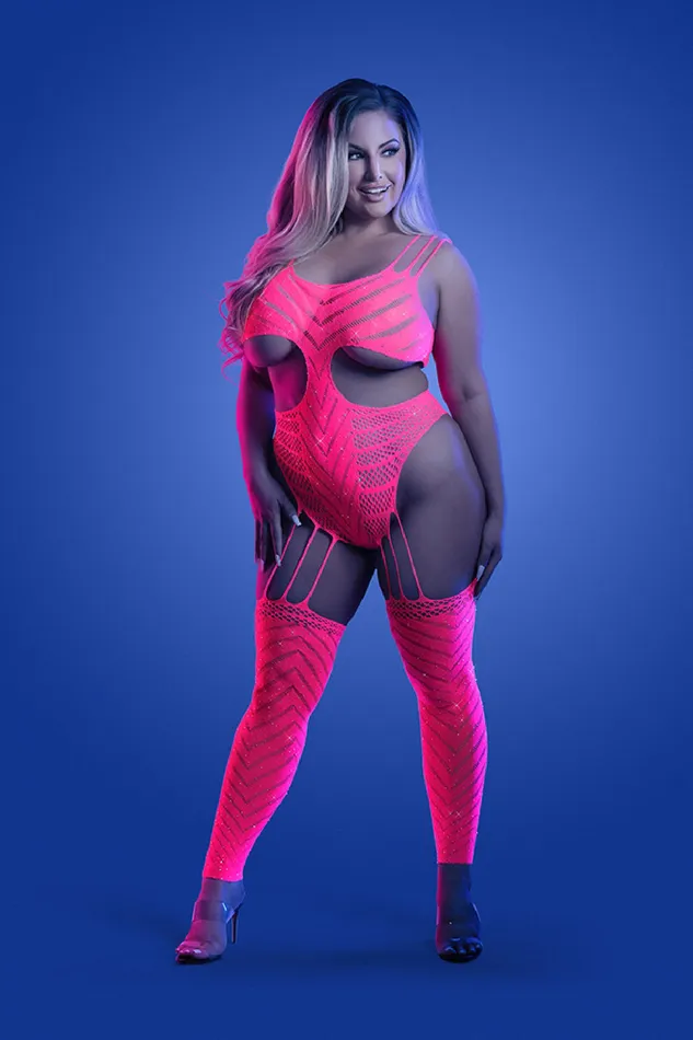 Vibrators Fantasy Lingerie Wavelength Cutout Rhinestone Teddy Bodystocking Queen Neon Pink