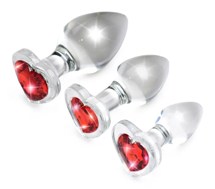 XR Brands Booty Sparks Anal Red Heart Gem Glass Anal Plug Set