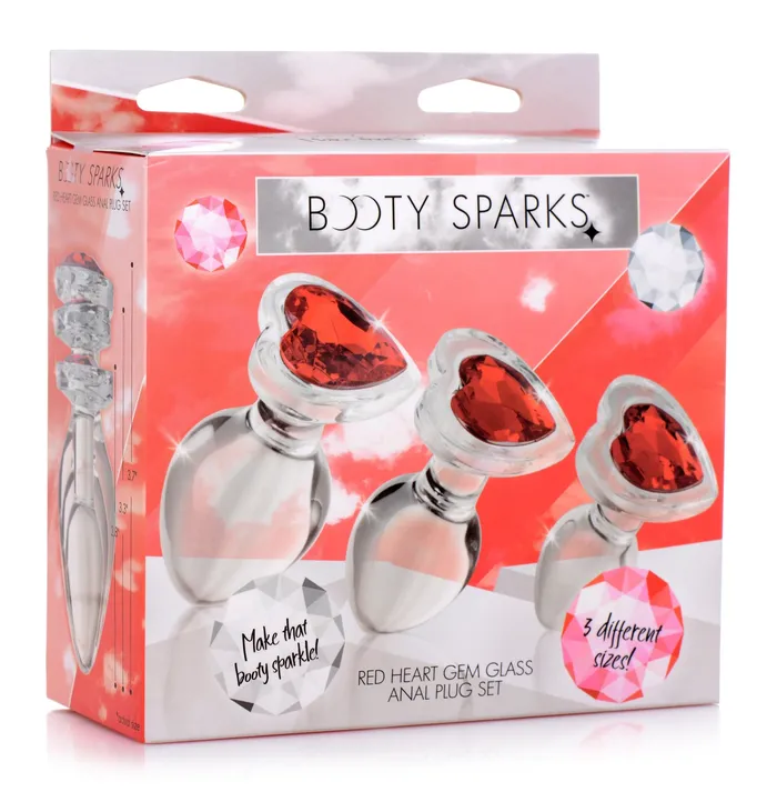 XR Brands Booty Sparks Anal Red Heart Gem Glass Anal Plug Set