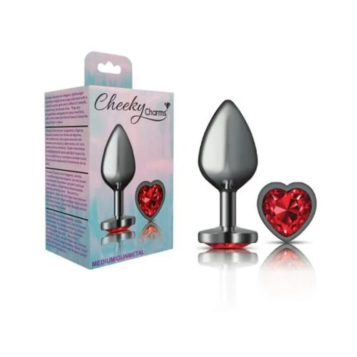 Cheeky Charms Anal Cheeky Charms Gunmetal Butt Plug w Heart Red Jewel Medium