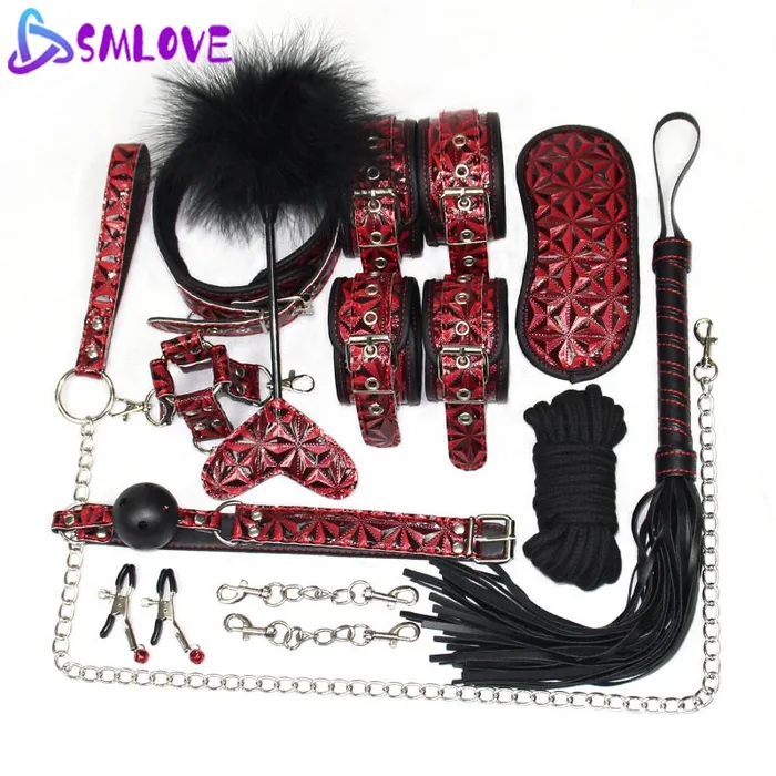 Couples Javaughn69ways Level A PU Handcuffs Whip Collar BDSM Bondage Rope Mask Ball Gag Nipple Clamps