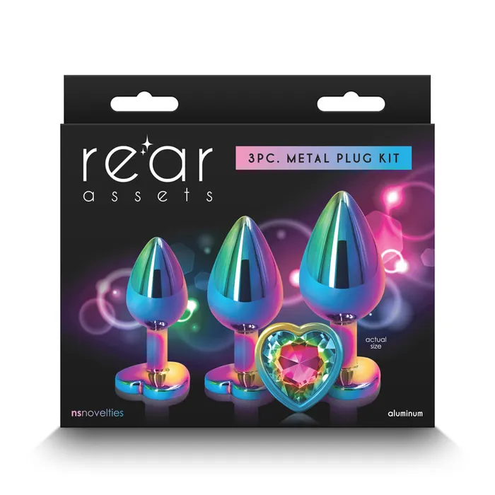 Rear Assets Trainer Kit Multicolour Rainbow Heart Multi Metallic Butt Plugs with Rainbow Hearts Set of 3 Sizes NS Novelties Anal